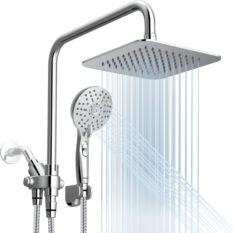 Ryamen Dual Shower Head Combo, 8'' High Pressure Rain Shower Head with Handheld Spray, 6 Settings Handheld Showerhead, 15" Height Adjustable Slide Bar, Angle Adjustable, Chrome Polished - Image 1